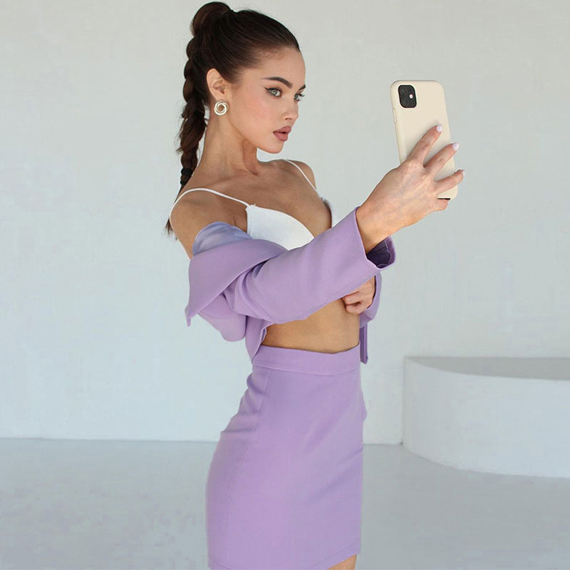 Dainty Lapel Collar Shoulder Pad Crop Blazer Bodycon Mini Skirt Matching Set - Purple - Fashionpara