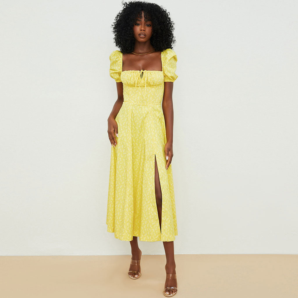 Floral Print Puff Sleeve Tie-Front High-Slit Midi Sundress