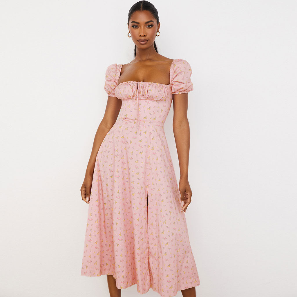 Floral Print Square Neck Puff Sleeve High-Slit Smock Maxi Dress