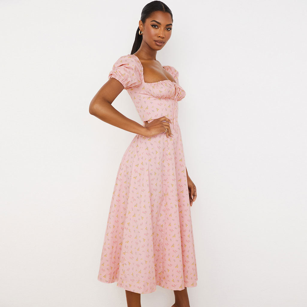 Floral Print Square Neck Puff Sleeve High-Slit Smock Maxi Dress 2