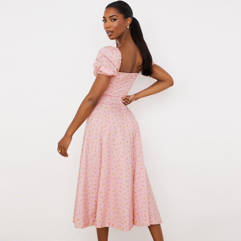 Floral Print Square Neck Puff Sleeve High-Slit Smock Maxi Dress 3
