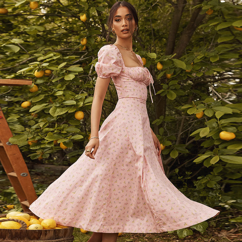 Floral Print Square Neck Puff Sleeve High-Slit Smock Maxi Dress 4