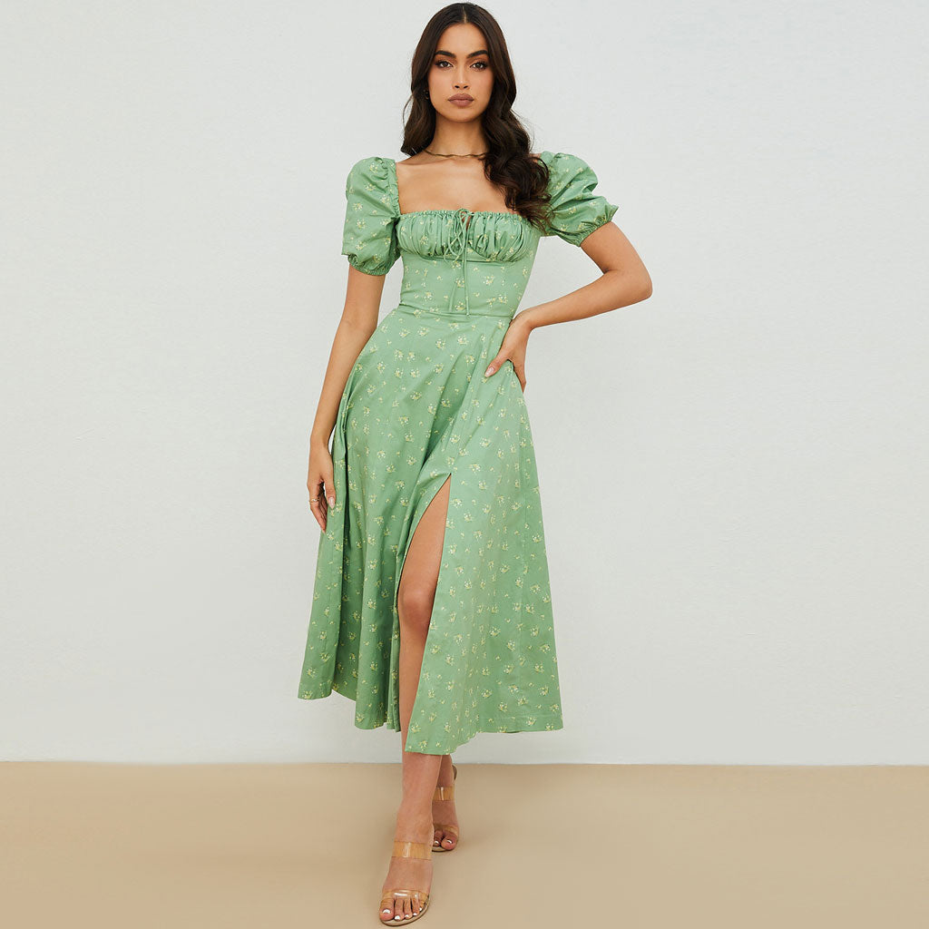 Floral Print Square Neck Puff Sleeve High-Slit Smock Maxi Dress