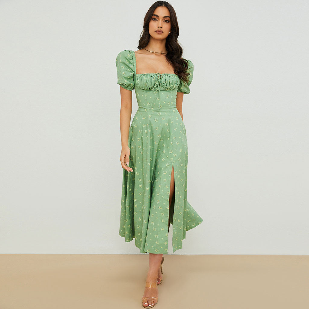 Floral Print Square Neck Puff Sleeve High-Slit Smock Maxi Dress 2
