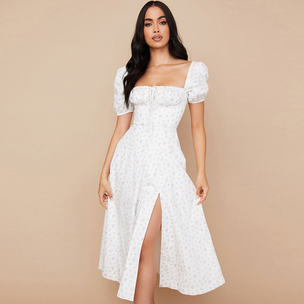 Floral Print Puff Sleeve Shirred High-Slit Maxi Dress