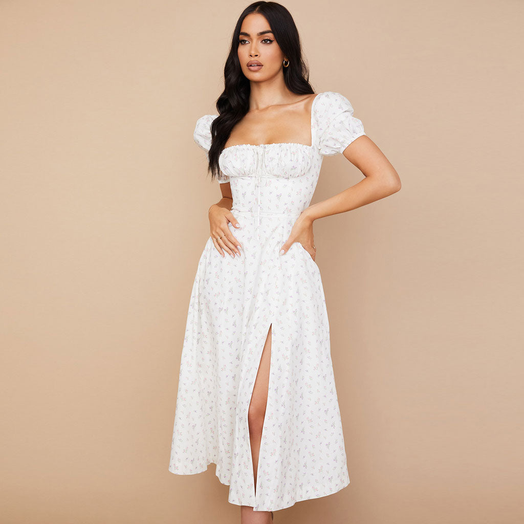Floral Print Puff Sleeve Shirred High-Slit Maxi Dress 2