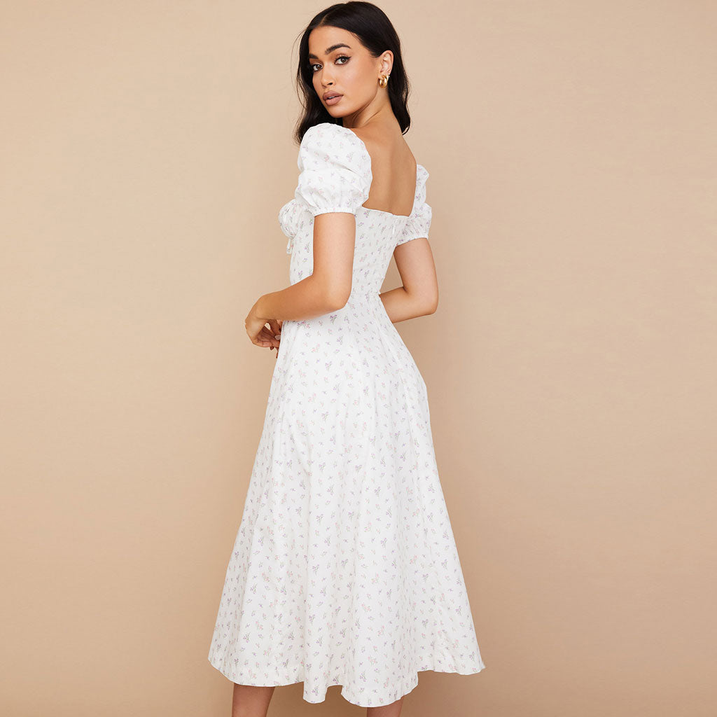 Floral Print Puff Sleeve Shirred High-Slit Maxi Dress 3