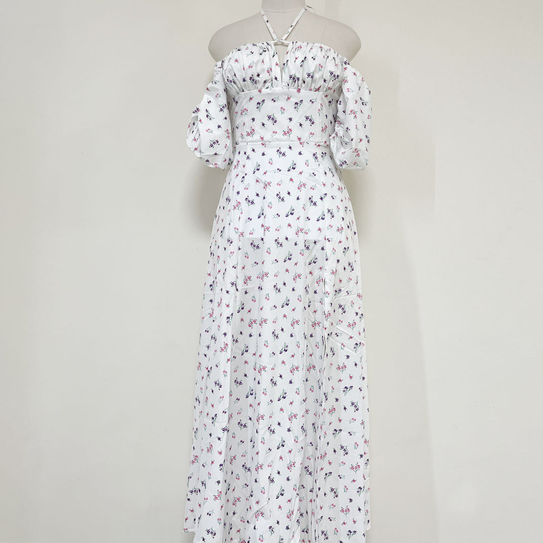 Floral Print Puff Sleeve Shirred High-Slit Maxi Dress 4