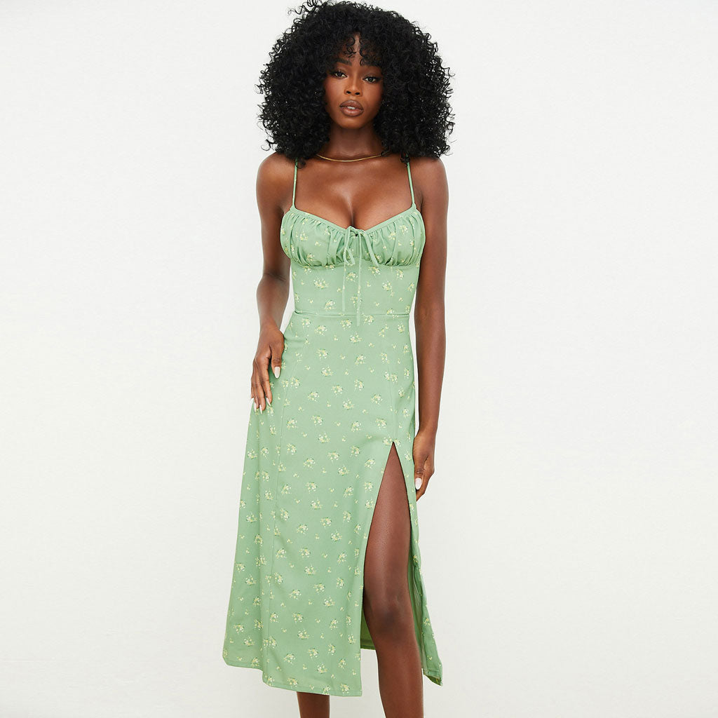 Floral Print Sweetheart Tie-Front High-Slit Slip Midi Dress