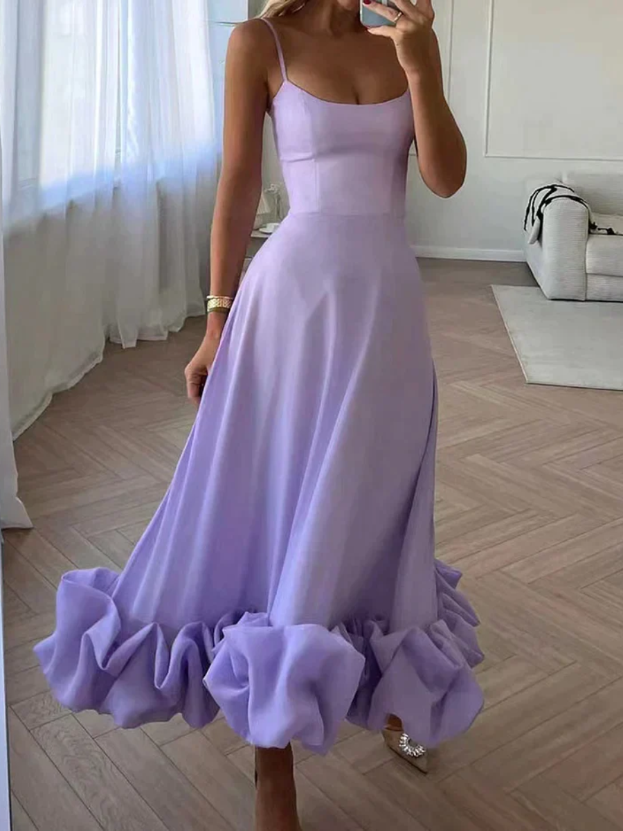 Spaghetti Strap Corset Bodice Bubble Ruffle Hem A-Line Maxi Gown