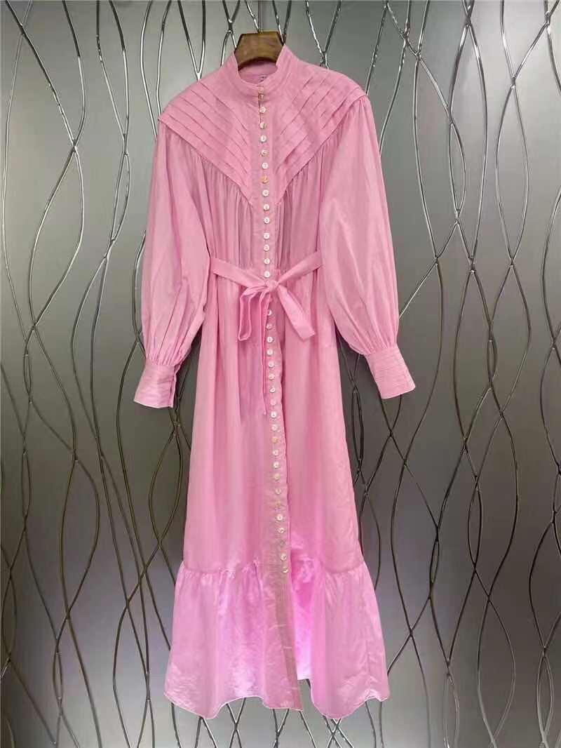 High Neck Puff Sleeve Button Front Tiered Maxi Dress