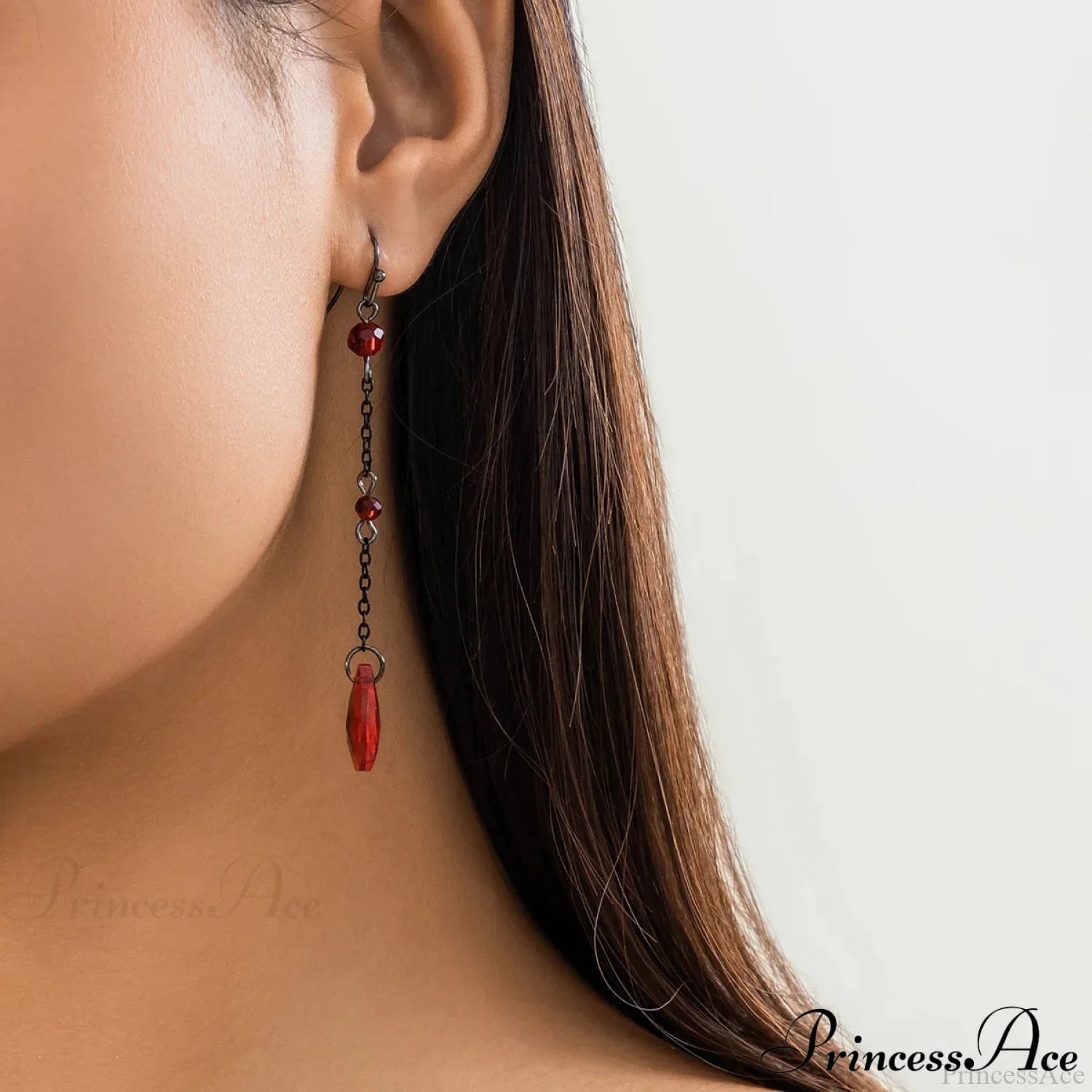 Dark Black Crystal Long Fringe Drop Earring red