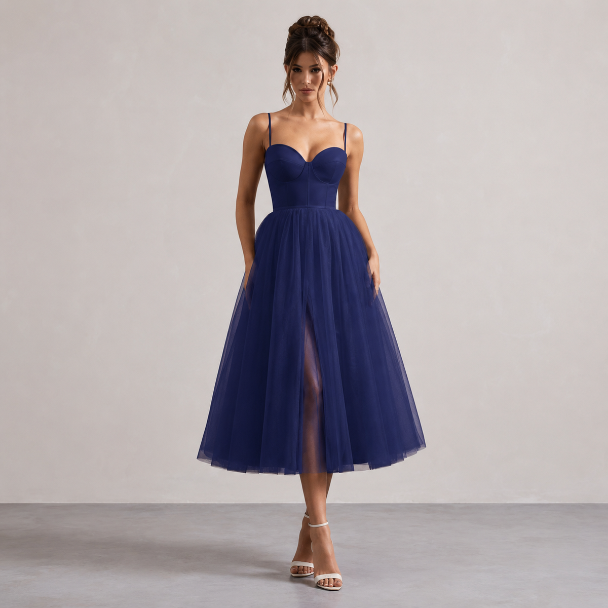 Sweetheart Strappy Corset Split Tulle Midi Dress 16
