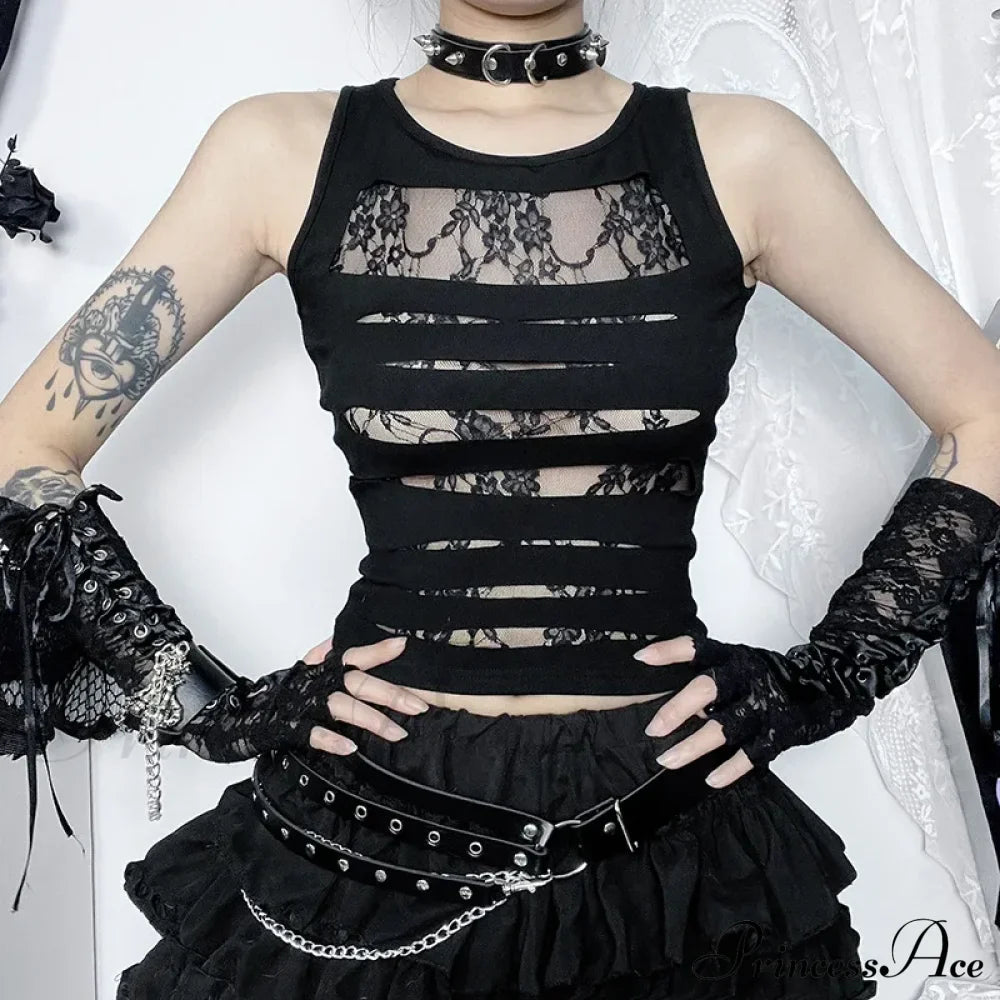 Black Cutout Punk Gothic Lace Spliced Fitted Crop Top
