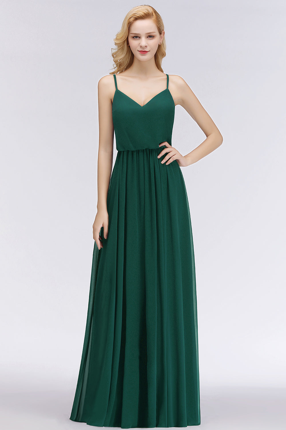 Dark Green Chiffon Spaghetti-Straps Modest Bridesmaid Dresses - Fashionpara