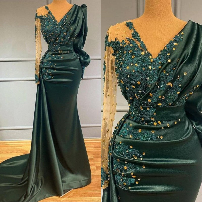Dark Green Long Sleeves Prom Dress Mermaid With Beadings - Fashionpara