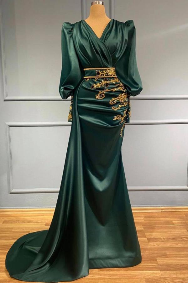 Dark Green Mermaid Prom Dress Long Sleeves With Beadings - Fashionpara