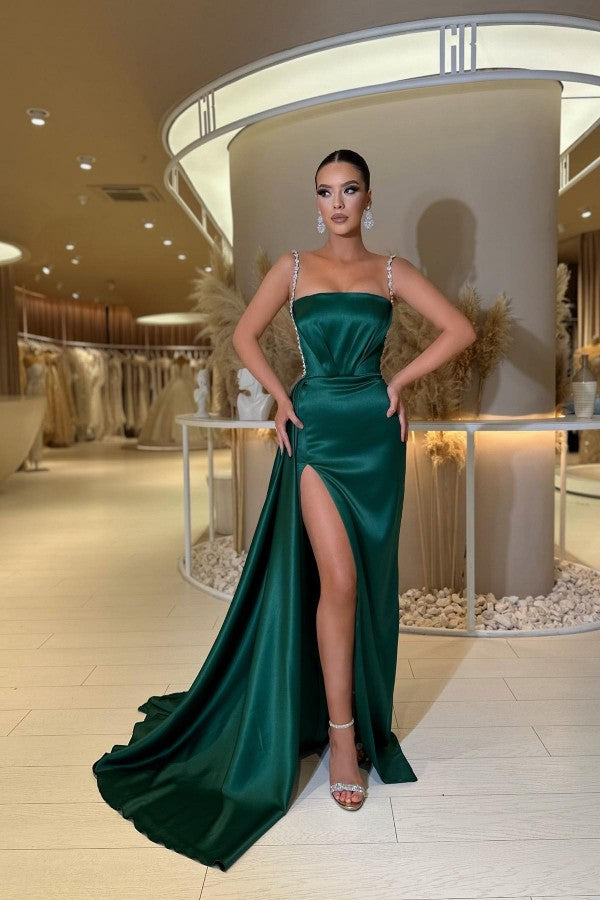 Dark Green Prom Dress Straps Mermaid Long With Slit - Fashionpara