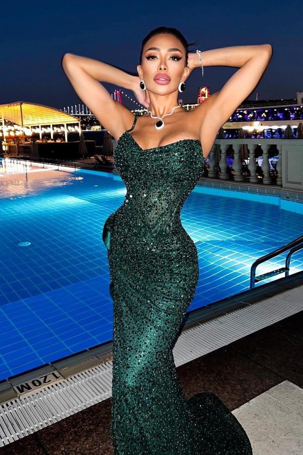 Dark Green Sequins Prom Dresses Mermaid Slit Long Sweetheart - Fashionpara