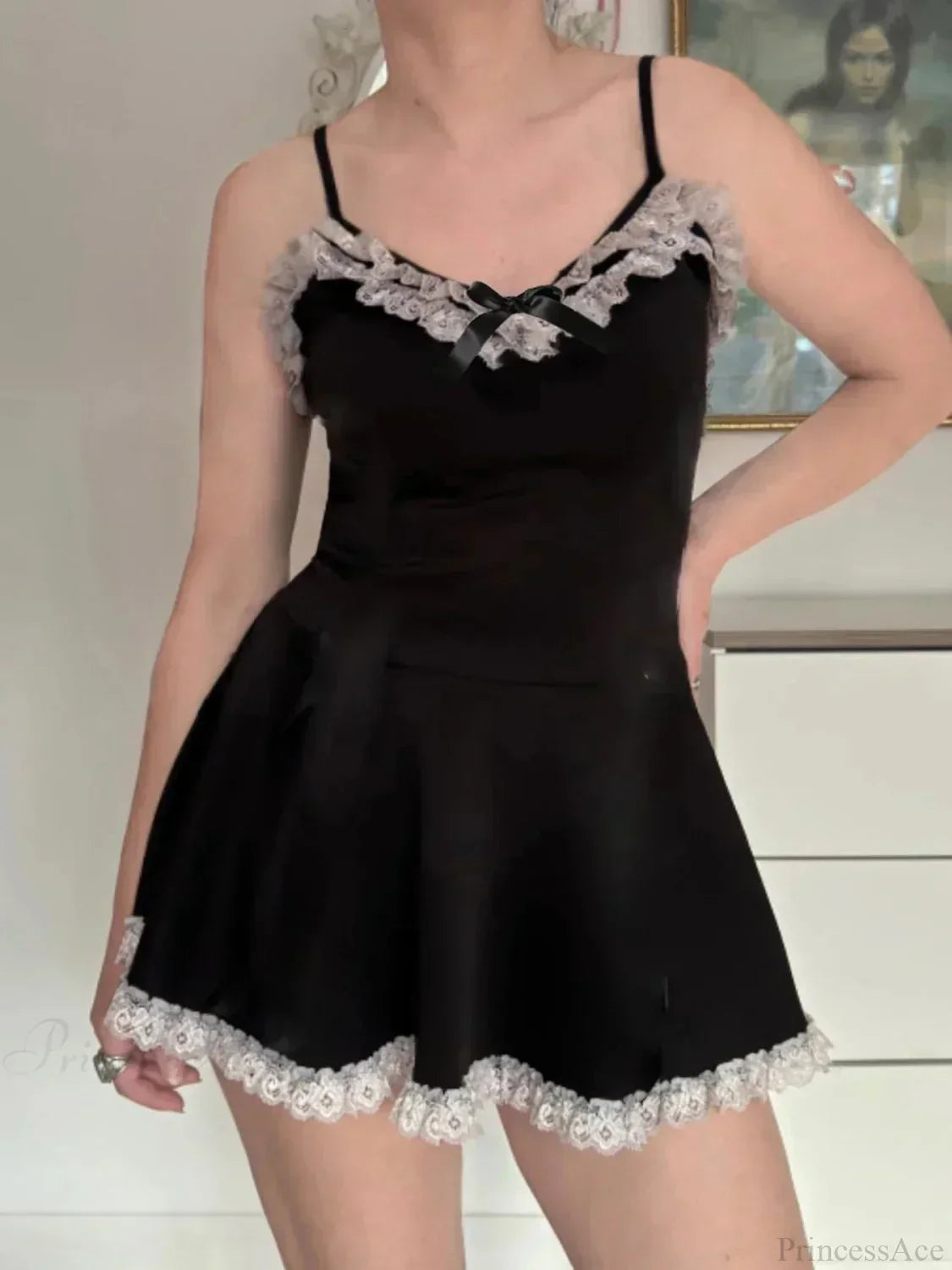 Spaghetti Strap Lace Trim Bow Neck Ruffle Hem A-Line Mini Dress