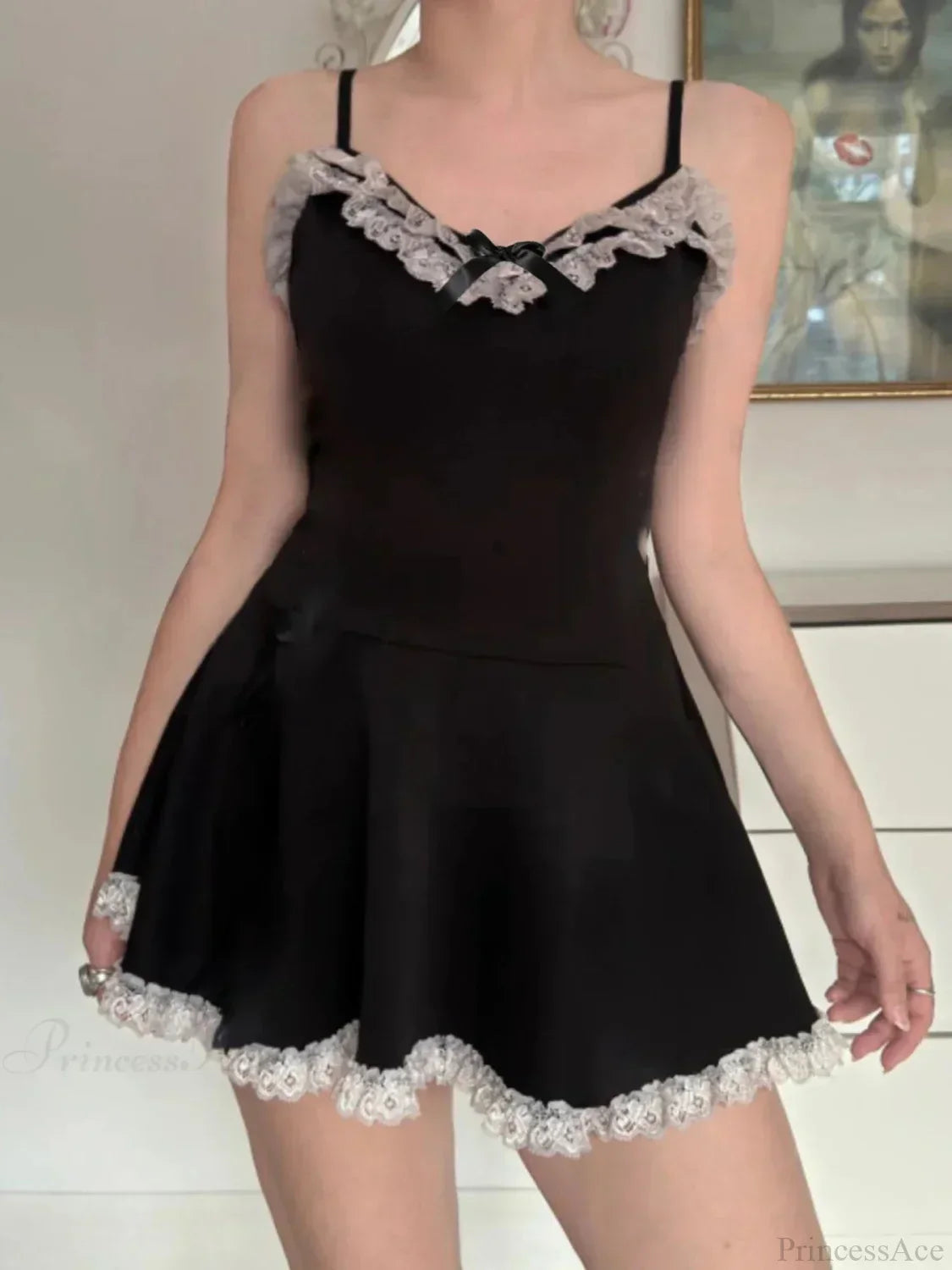 Spaghetti Strap Lace Trim Bow Neck Ruffle Hem A-Line Mini Dress - View 2