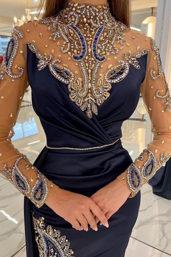 Dark Navy Long Sleeves Prom Dress Mermaid Beadings With Slit - Fashionpara