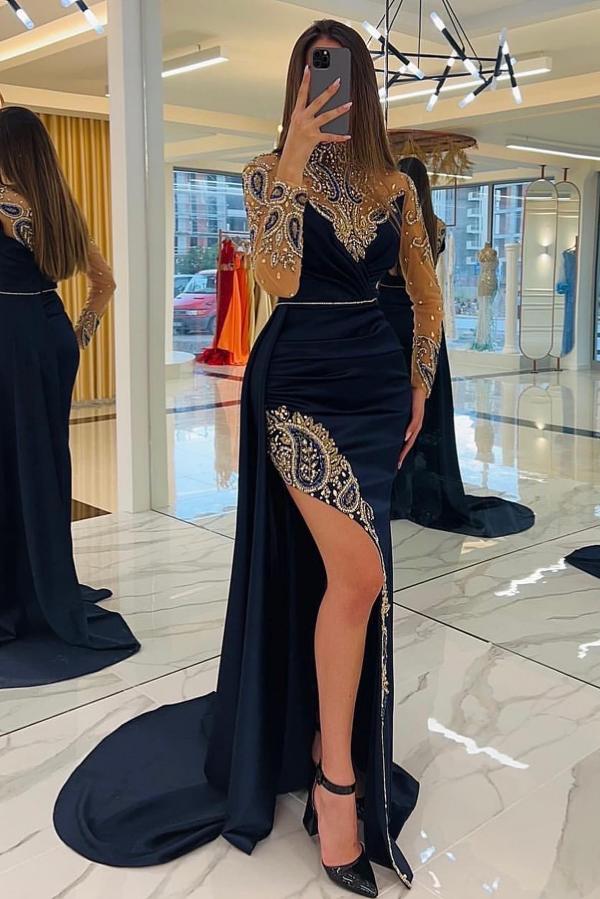Dark Navy Long Sleeves Prom Dress Mermaid Beadings With Slit - Fashionpara