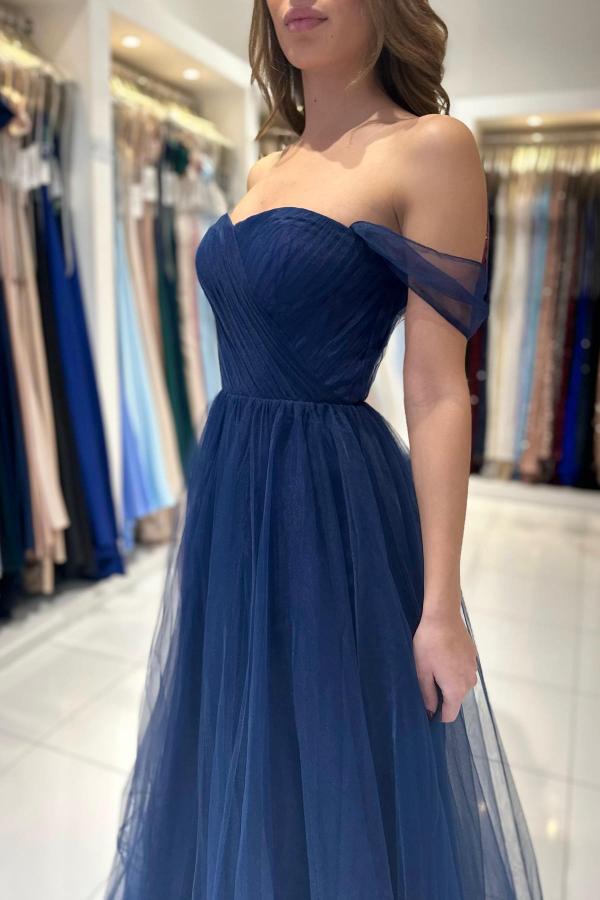 Dark Navy Tulle Prom Dress Long Off-the-Shoulder - Fashionpara