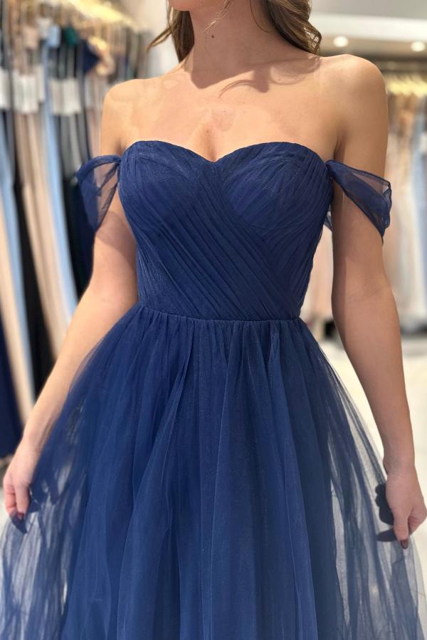 Dark Navy Tulle Prom Dress Long Off-the-Shoulder - Fashionpara