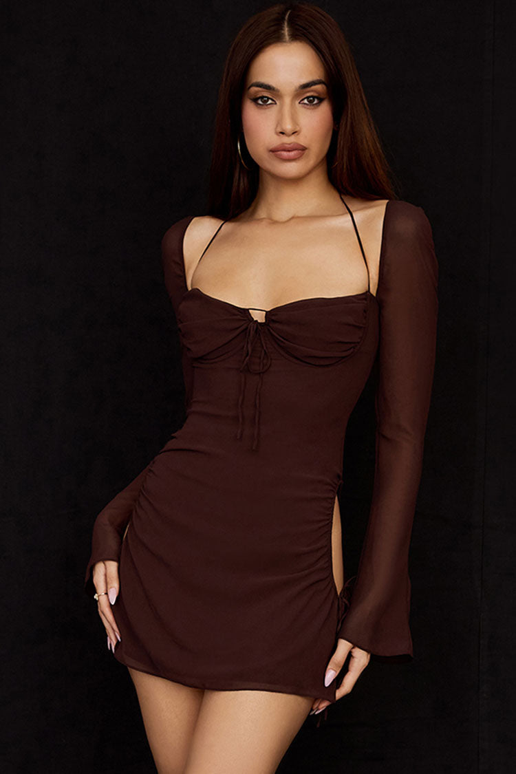 Darling Halter Neck Long Sleeve Cutout Club Mini Dress - Chocolate - Fashionpara