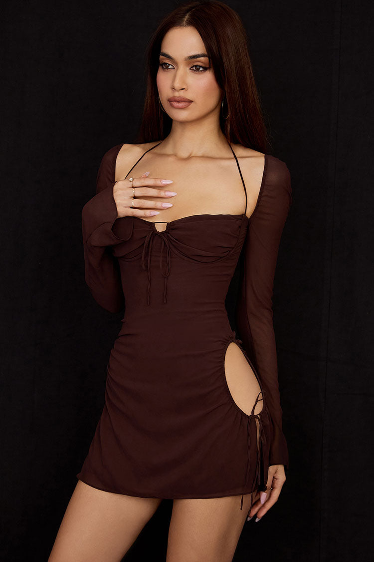 Darling Halter Neck Long Sleeve Cutout Club Mini Dress - Chocolate - Fashionpara