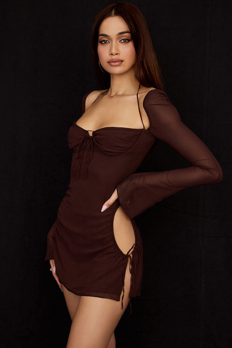 Darling Halter Neck Long Sleeve Cutout Club Mini Dress - Chocolate - Fashionpara