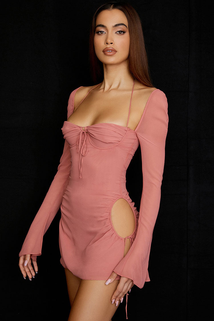 Darling Halter Neck Long Sleeve Cutout Club Mini Dress - Pink - Fashionpara