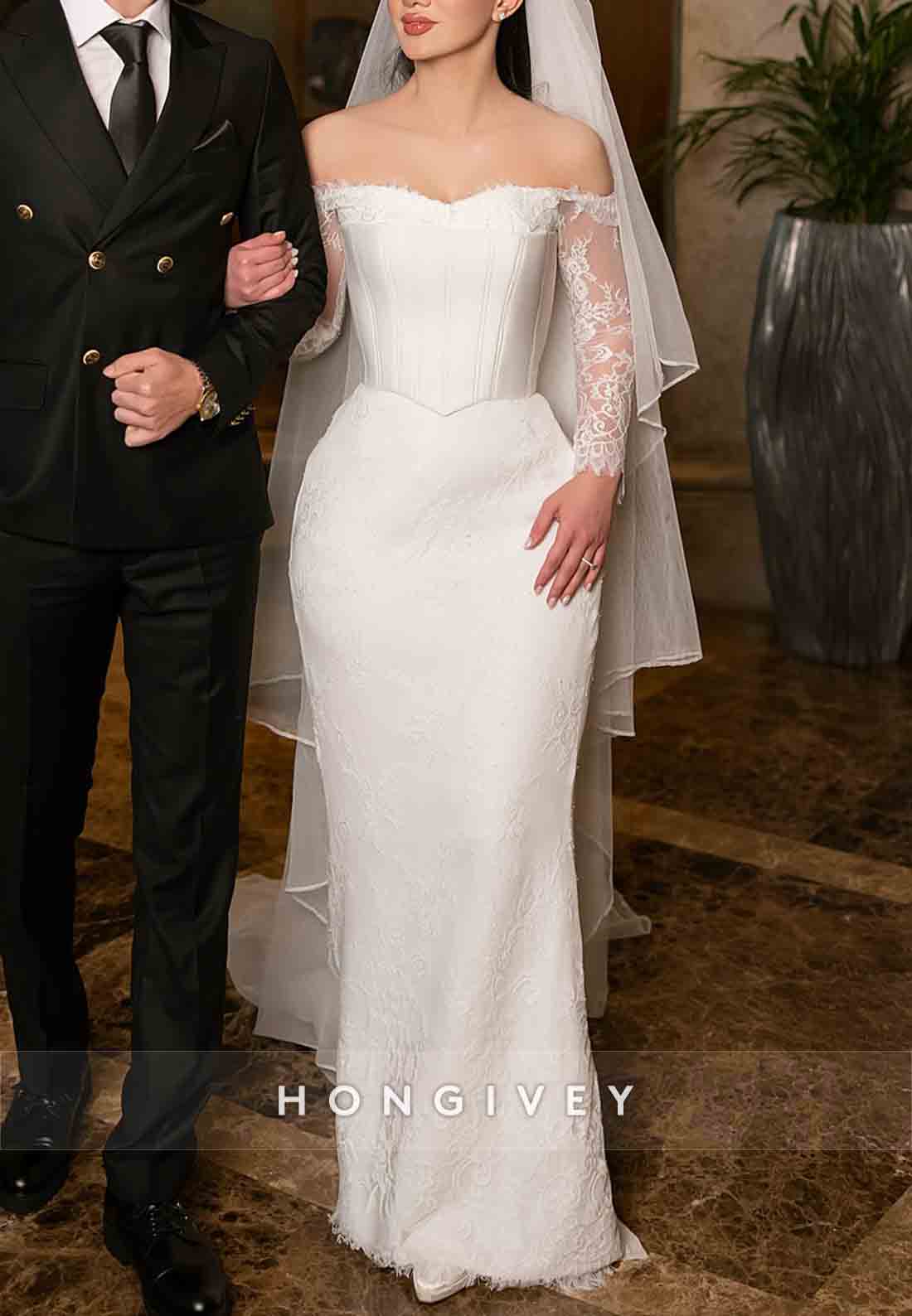 Long Sleeves Lace Floor-Length Off the Shoulder Trumpet Wedding Dresses