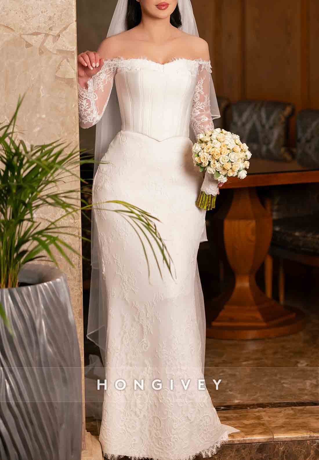 Long Sleeves Lace Floor-Length Off the Shoulder Trumpet Wedding Dresses