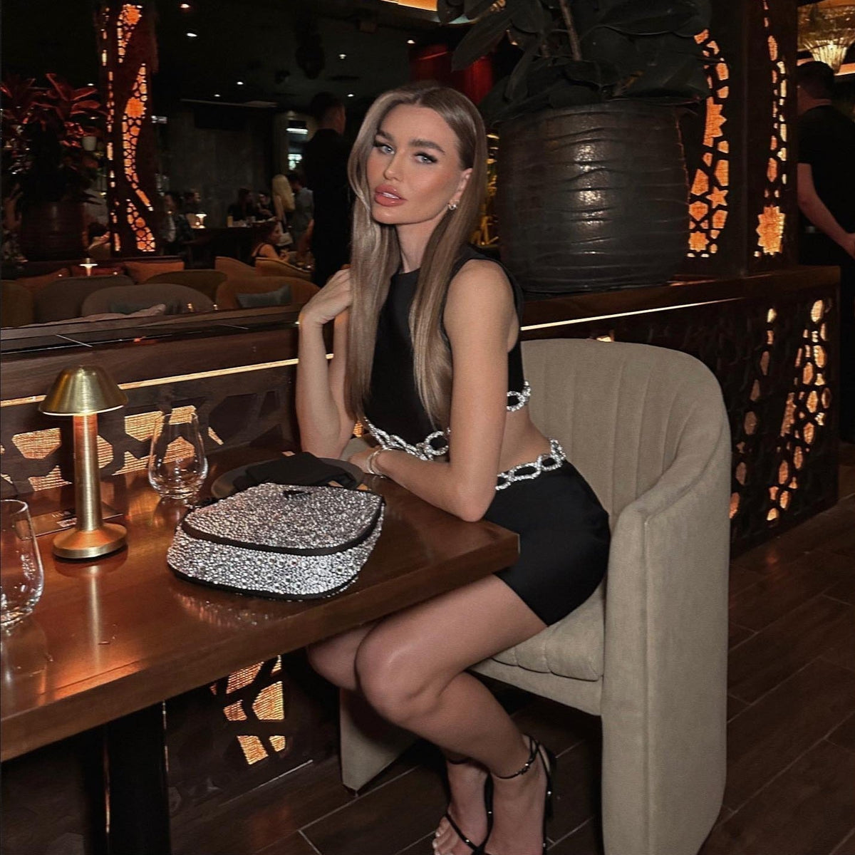 Crew Neck Sleeveless Rhinestone Chain Cut-Out Mini Dress 7