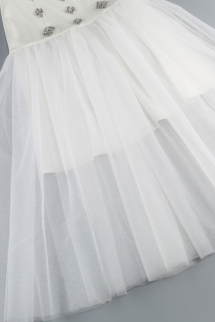 Dazzling Crystal Bandeau Drop Waist Fit & Flare Tulle Evening Maxi Dress