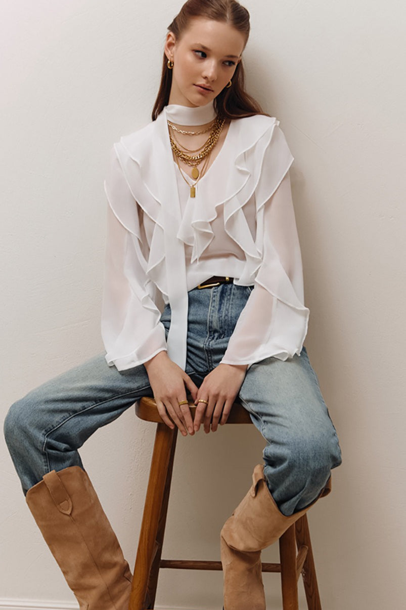 V Neck Ruffle Sleeve Blouse