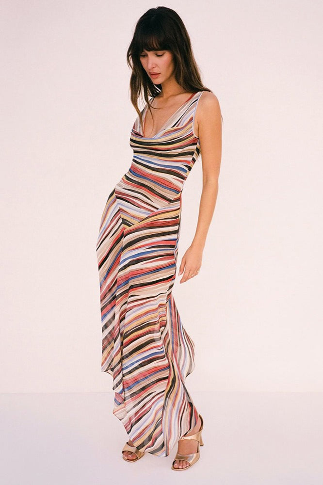 Striped Cowl Neck Asymmetric Slip Midi Dress 9