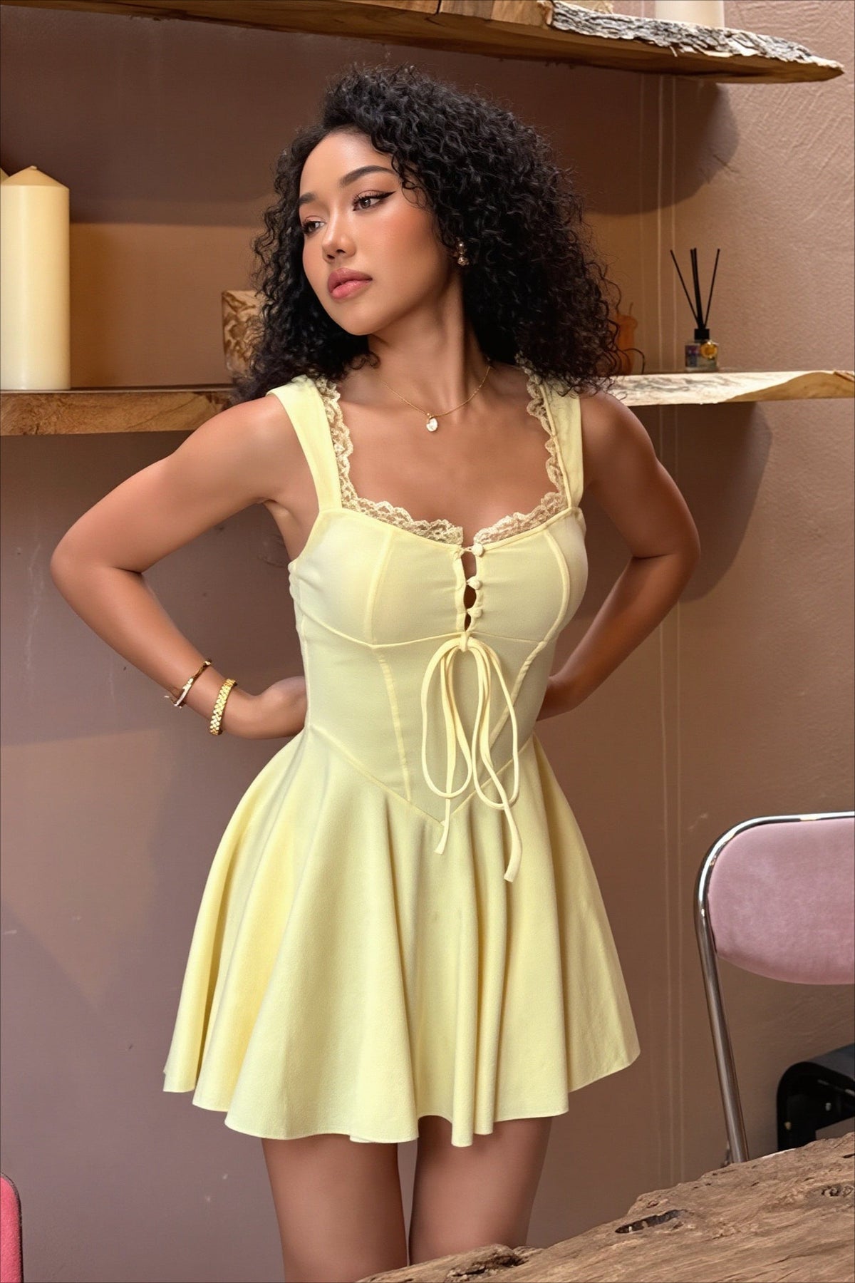 Lace-Trim Sweetheart Tie-Front Fit-and-Flare Mini Dress
