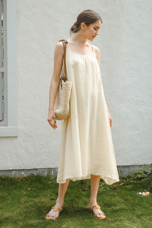 Linen Scoop Neck Sleeveless A-Line Midi Dress