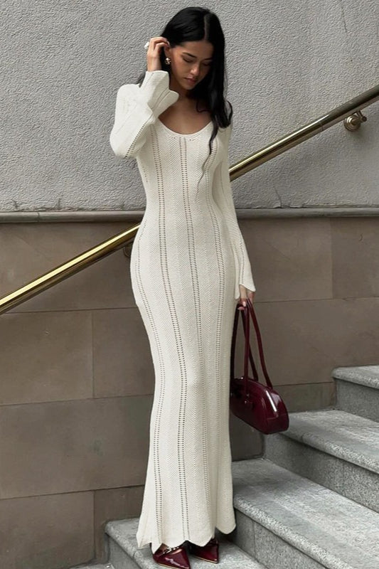 U Neck Long Sleeve Knit Work Dress
