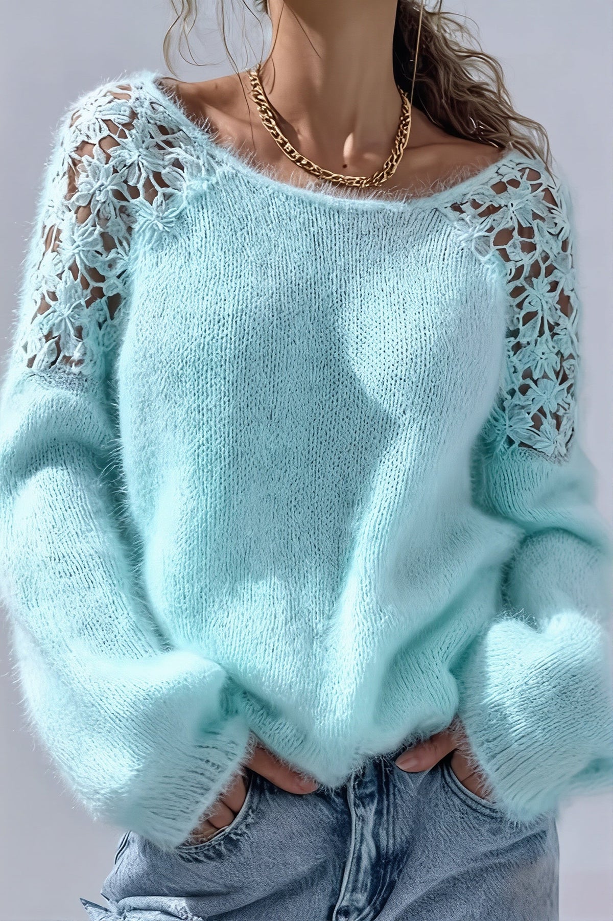 Lace Shoulder Fuzzy Relaxed Sweater