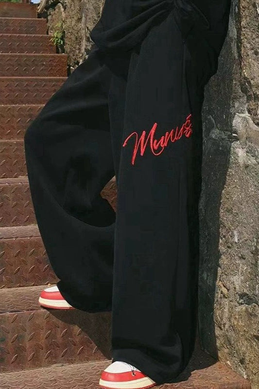 Embroidered Loose Wide Leg Cuffed Casual Pants