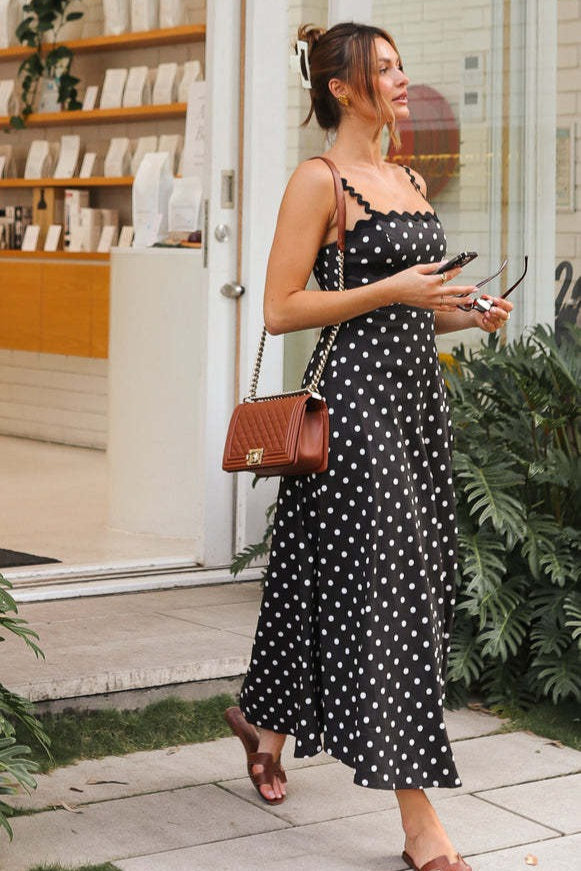 Boho Polka Dot Lace Trim Cami Maxi Dress - Fashionpara