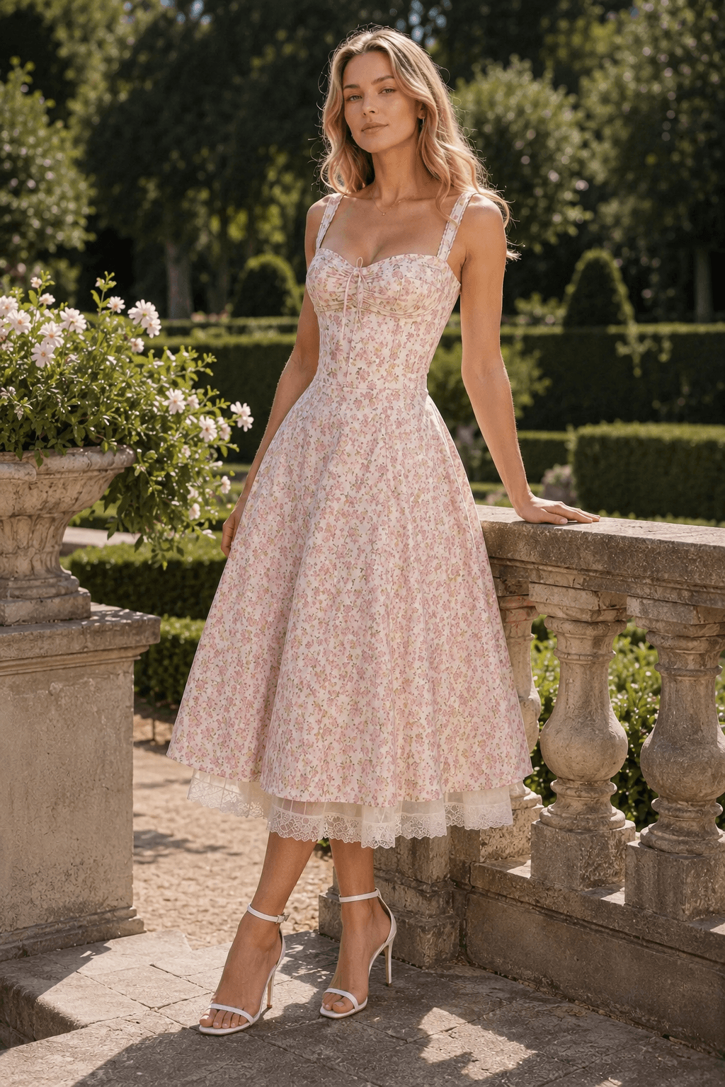 Floral Off Shoulder Sweetheart Corset High Low Midi Dress 5
