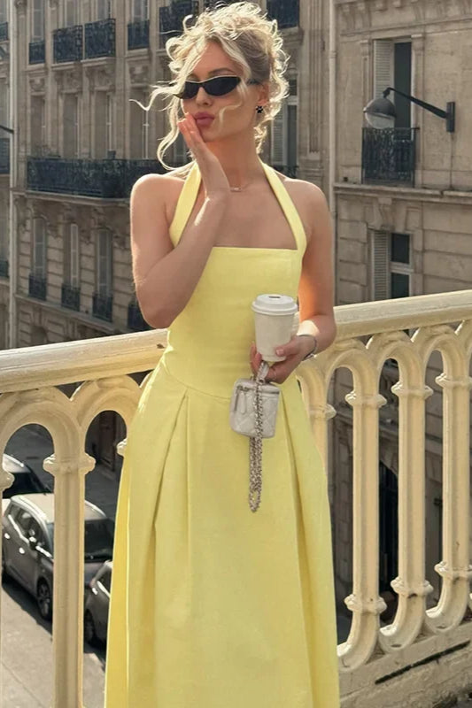 Linen-Look Halter Neck Pleated A-Line Midi Dress