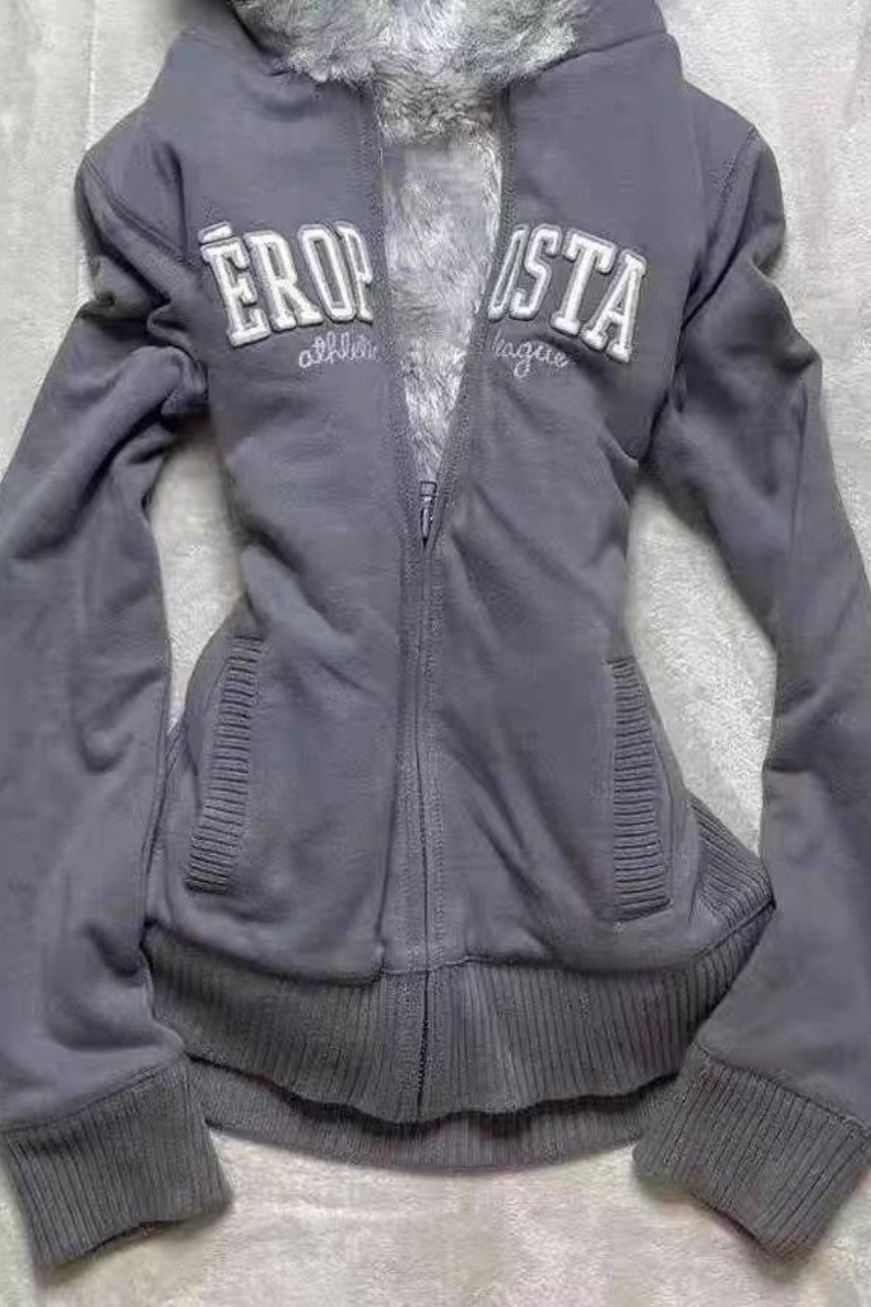 Vintage Grey Fleece Lined American Retro Stylish Hoodie