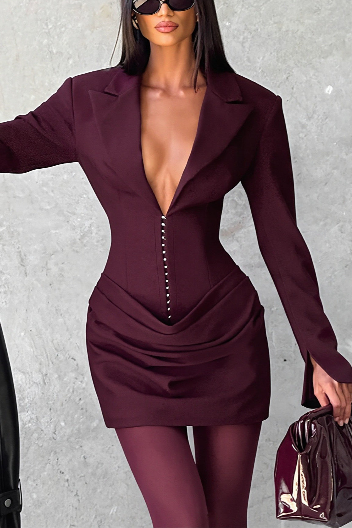 Tailored Plunge Neck Corset Long Sleeve Mini Dress