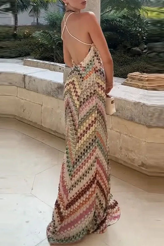 Zigzag Knit Halter Neck Backless Maxi Dress